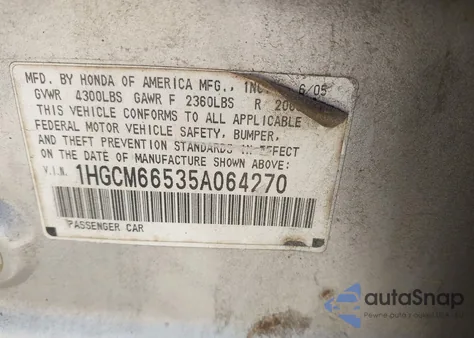 2005 Honda Accord 3.0 Ex from USA, damaged, VIN 1HGCM66535A064270